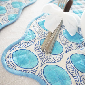 Blue Bayou Quilted Placemat in a Flower Motif Blockprint Pattern