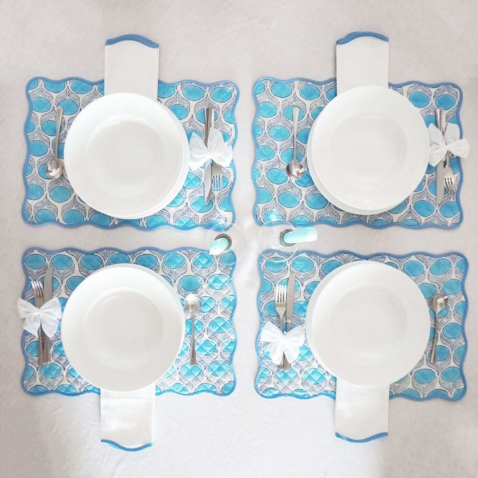 Blue Bayou Quilted Placemat in a Flower Motif Blockprint Pattern