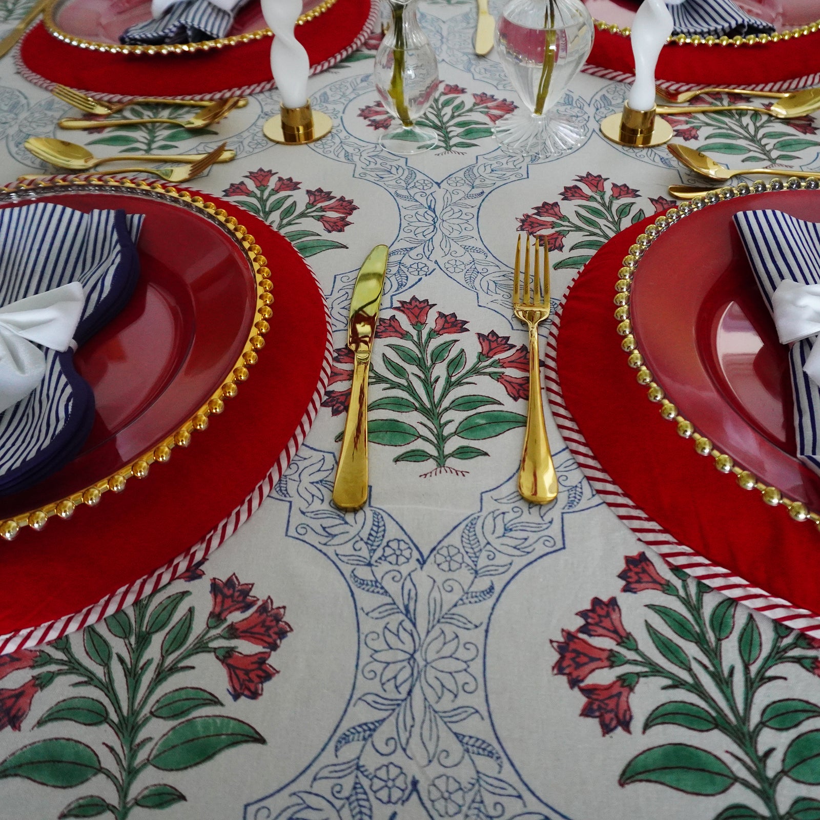 The Scarlet Red Flower Motif Blockprint Tablecloth (180cm x 300cm)