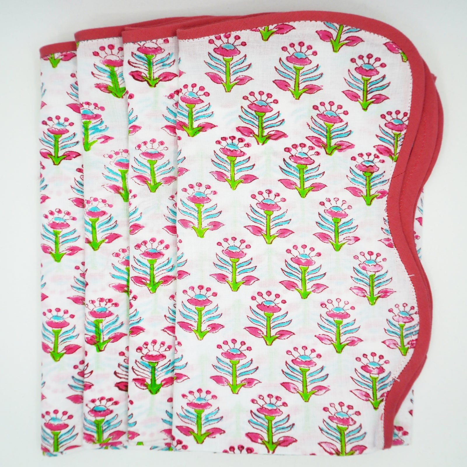 Fuchsia Flower Block Print Scallop Napkins, Set of 4