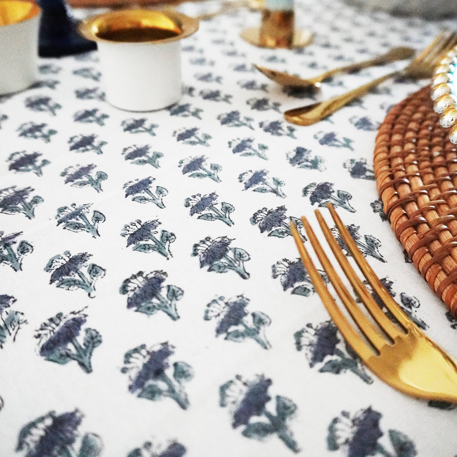 Cornflower Fields Blue & White Flower Motif Blockprint Tablecloth (150cm x 225cm)