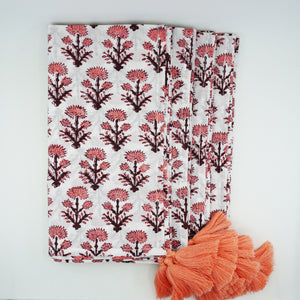 Coral Kiss Tree Block Print Tassel Napkins, Set of 4