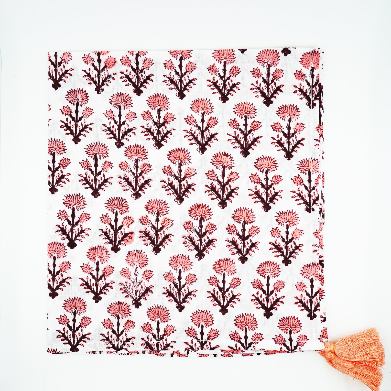 Coral Kiss Tree Block Print Tassel Napkins, Set of 4
