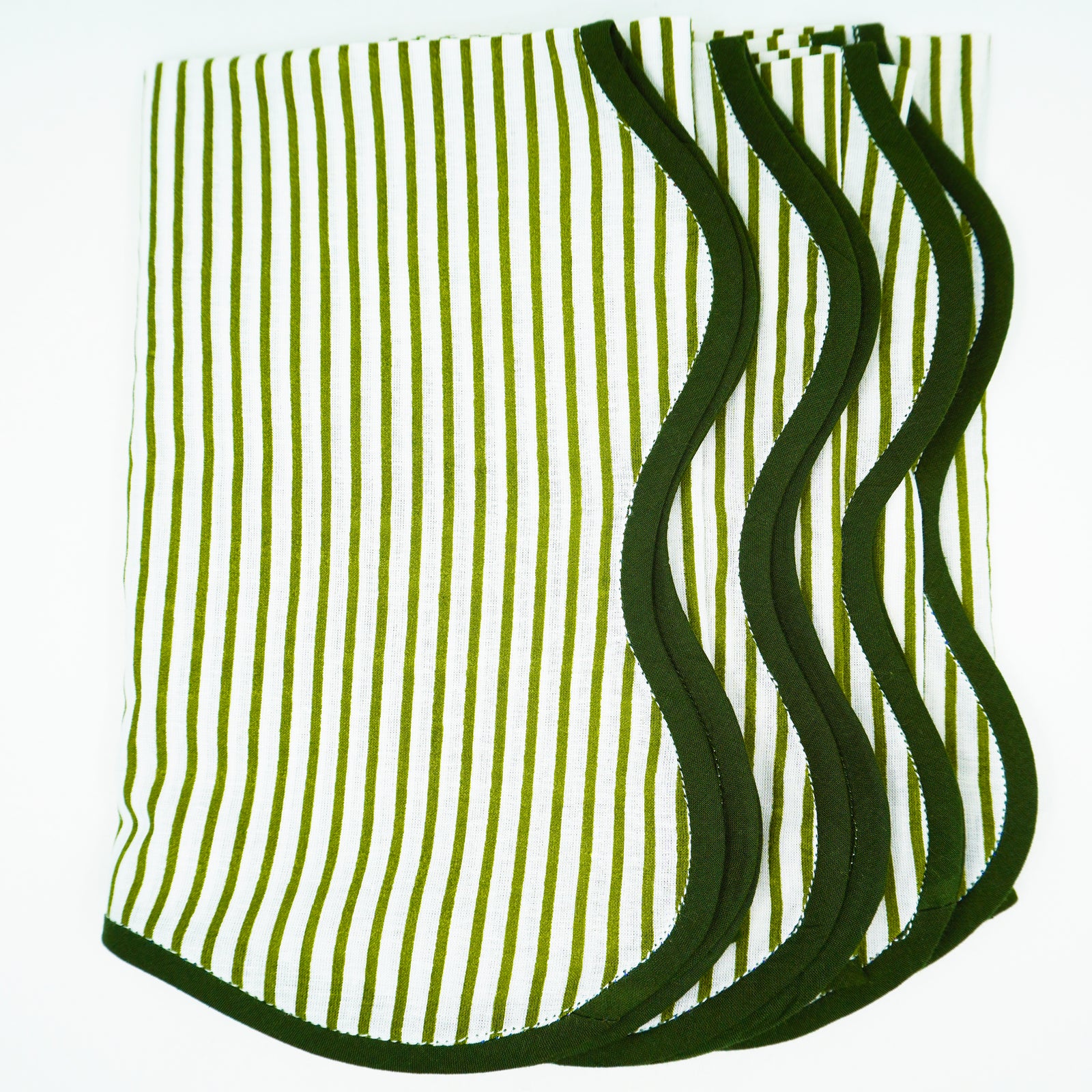 Olive Green Breton Striped Scallop Napkins, Set of 2