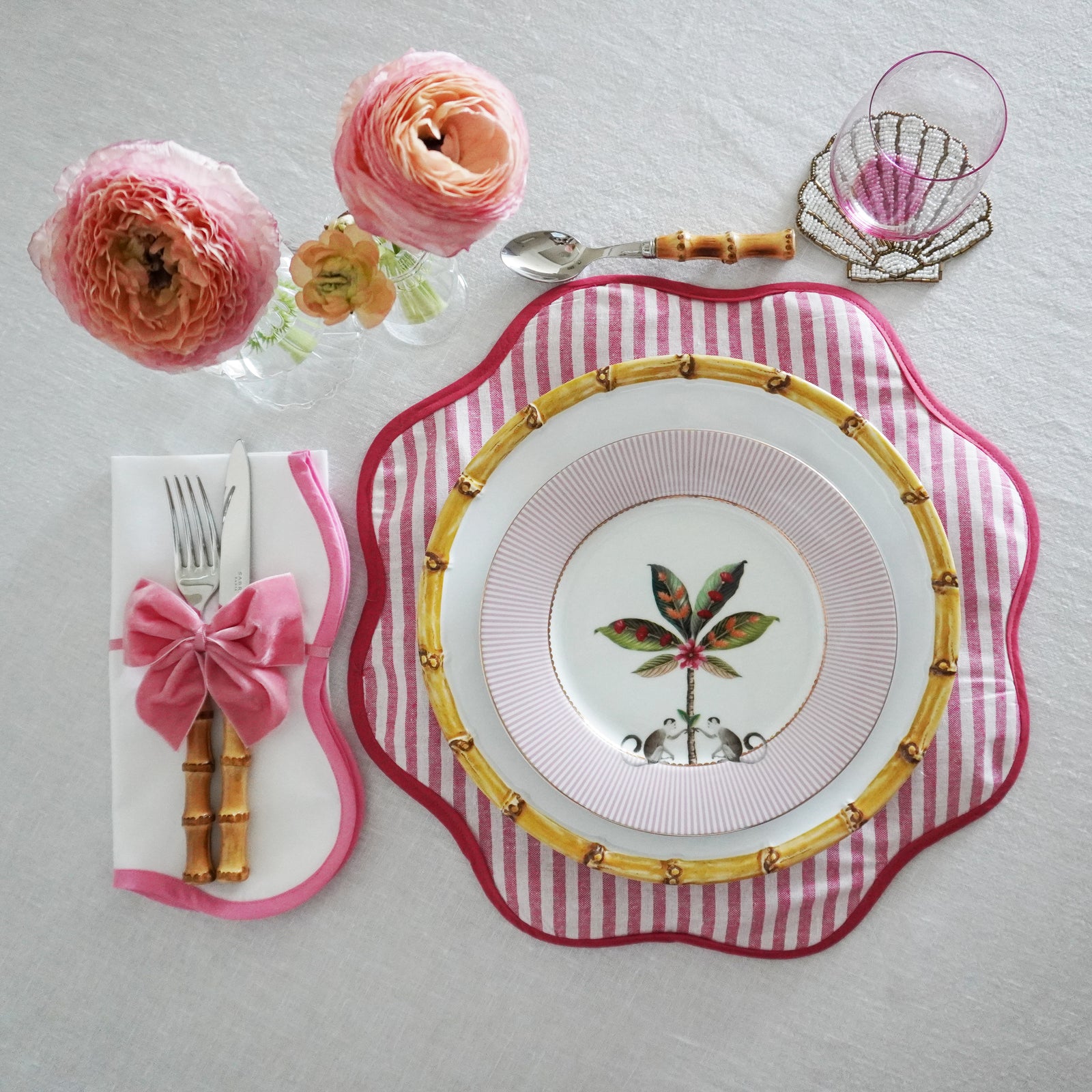 Pink French Riviera Striped Linen Scallop Placemat