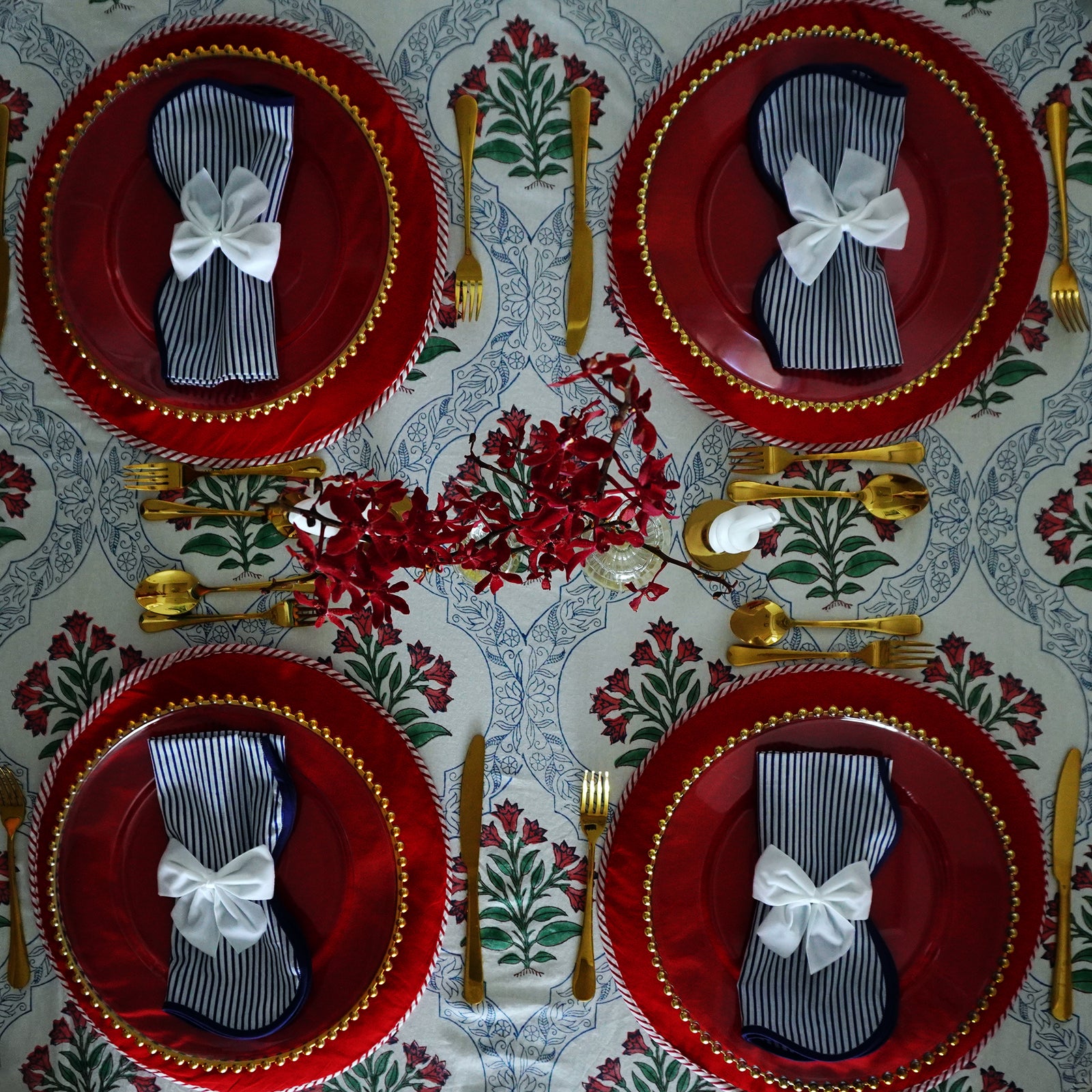 The Scarlet Red Flower Motif Blockprint Tablecloth (180cm x 300cm)