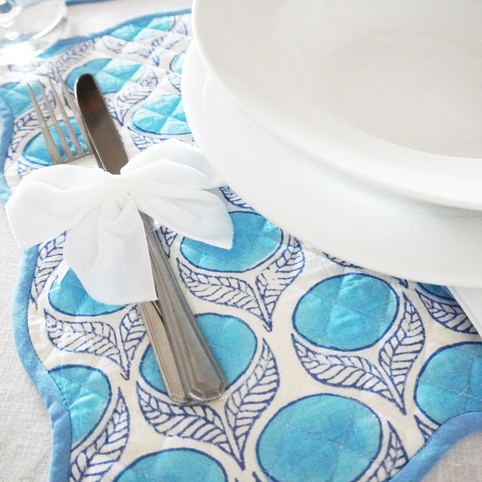 Blue Bayou Quilted Placemat in a Flower Motif Blockprint Pattern